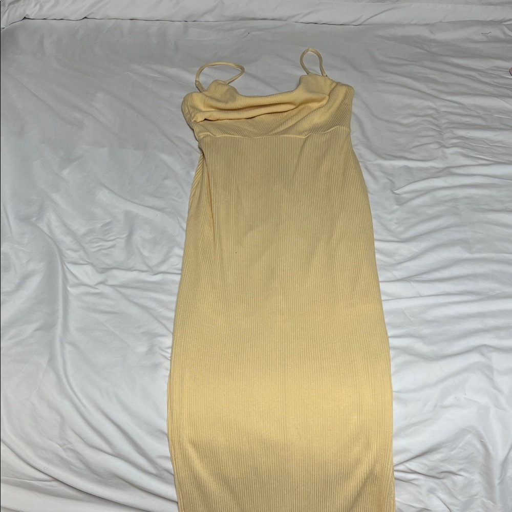 Hello Molly Ribbed Cowl Neck Midi Dress in Pale Yellow